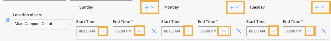 Manage Provider Hours with yellow highlight boxes around the plus signs and the down arrows for the time selections.